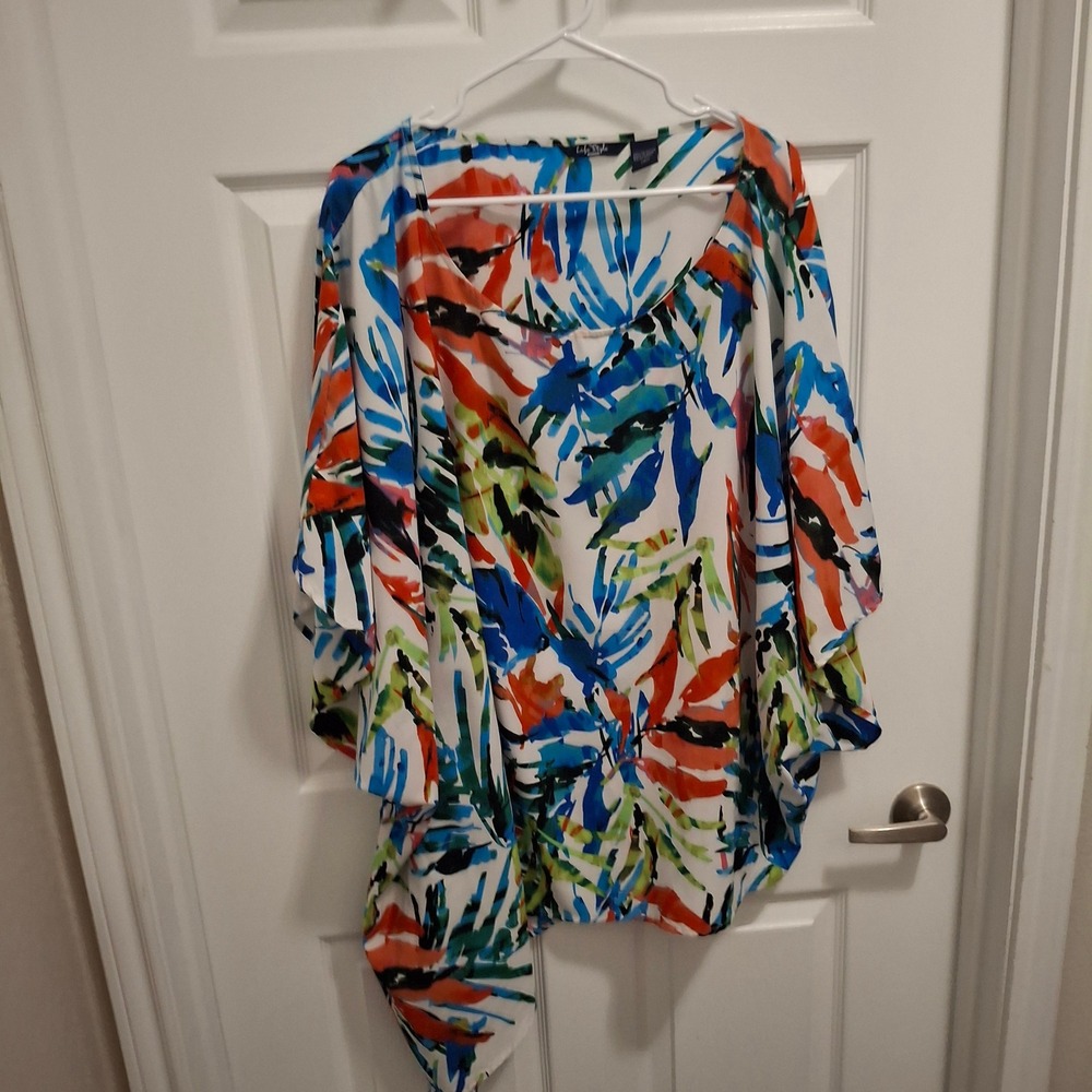 Life Style Woman Poncho‎ Blouse 2X Multicolor Tropical Leaf Asymmetrical Top